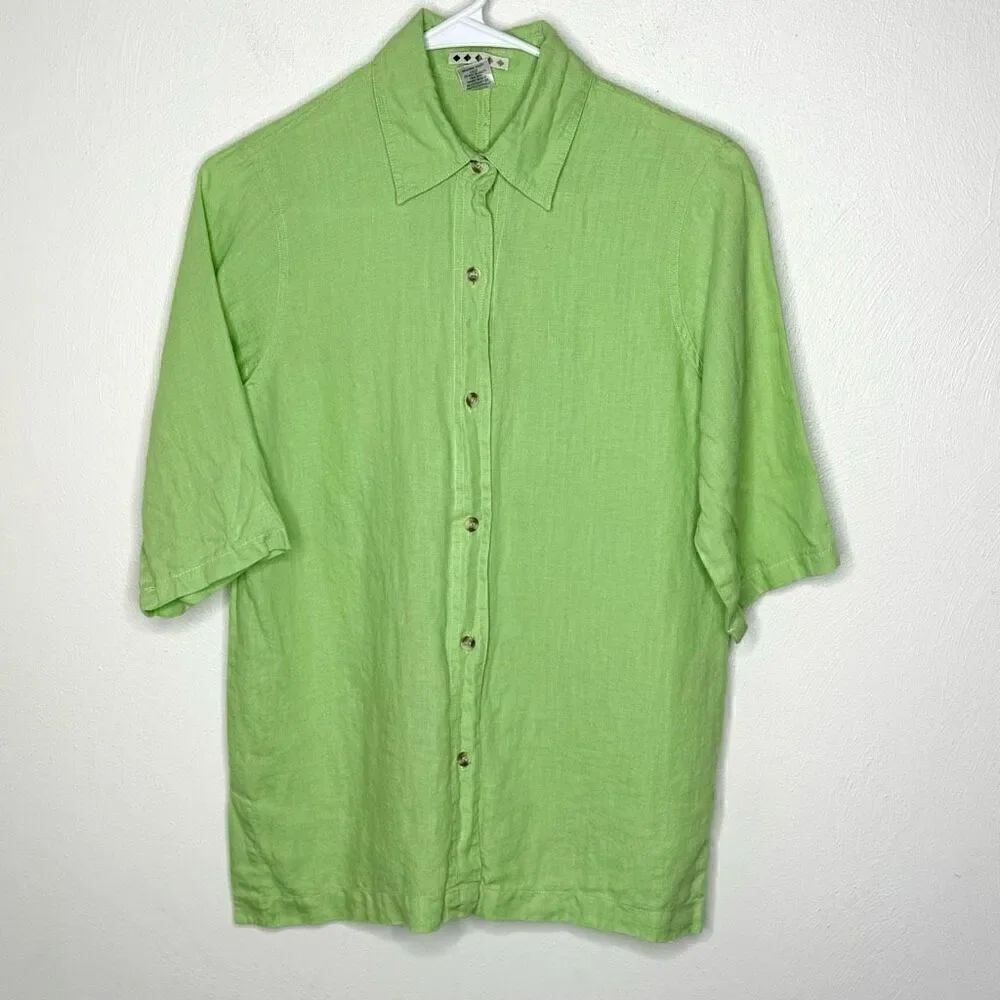 VS Sport Ltd Five Diamond Green 100% Linen Short Sleeve Button Up Shirt -Women’s